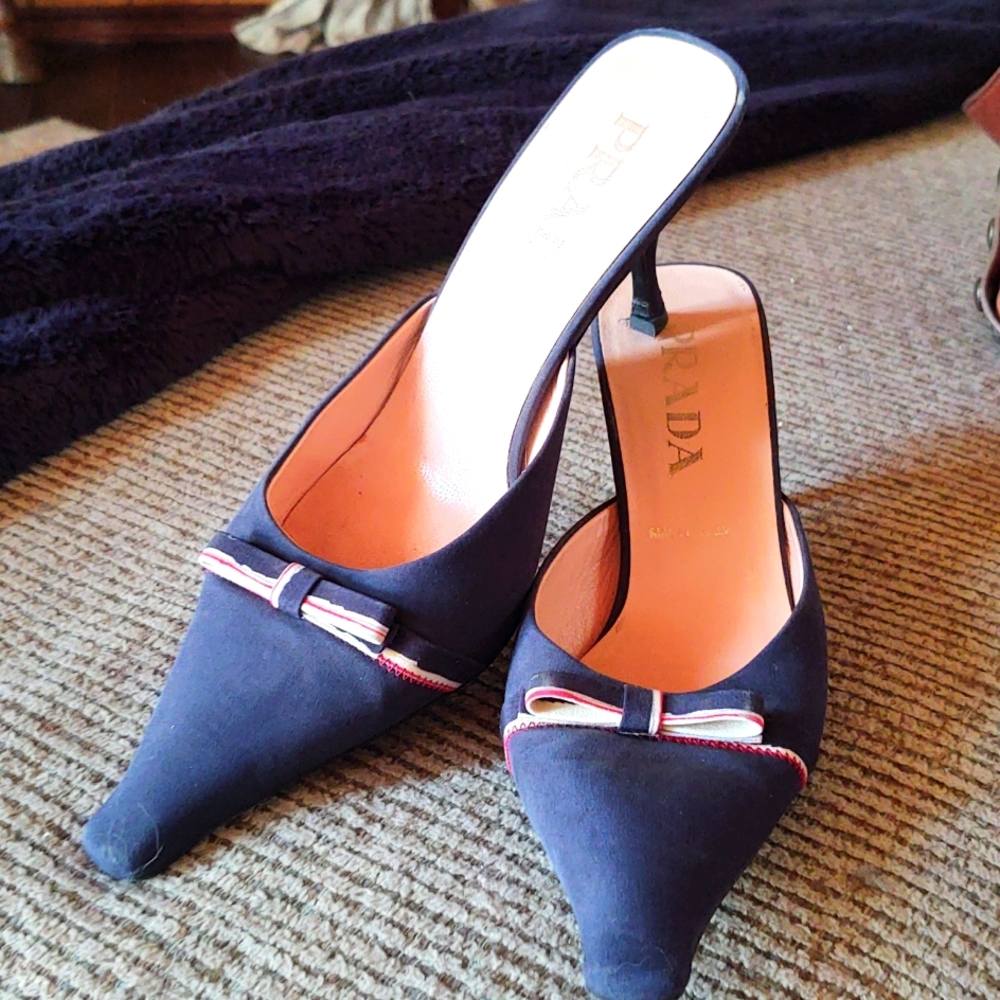 Prada heels. Navy slip-on with front bow. Size Euro 37 US size 6.5/7